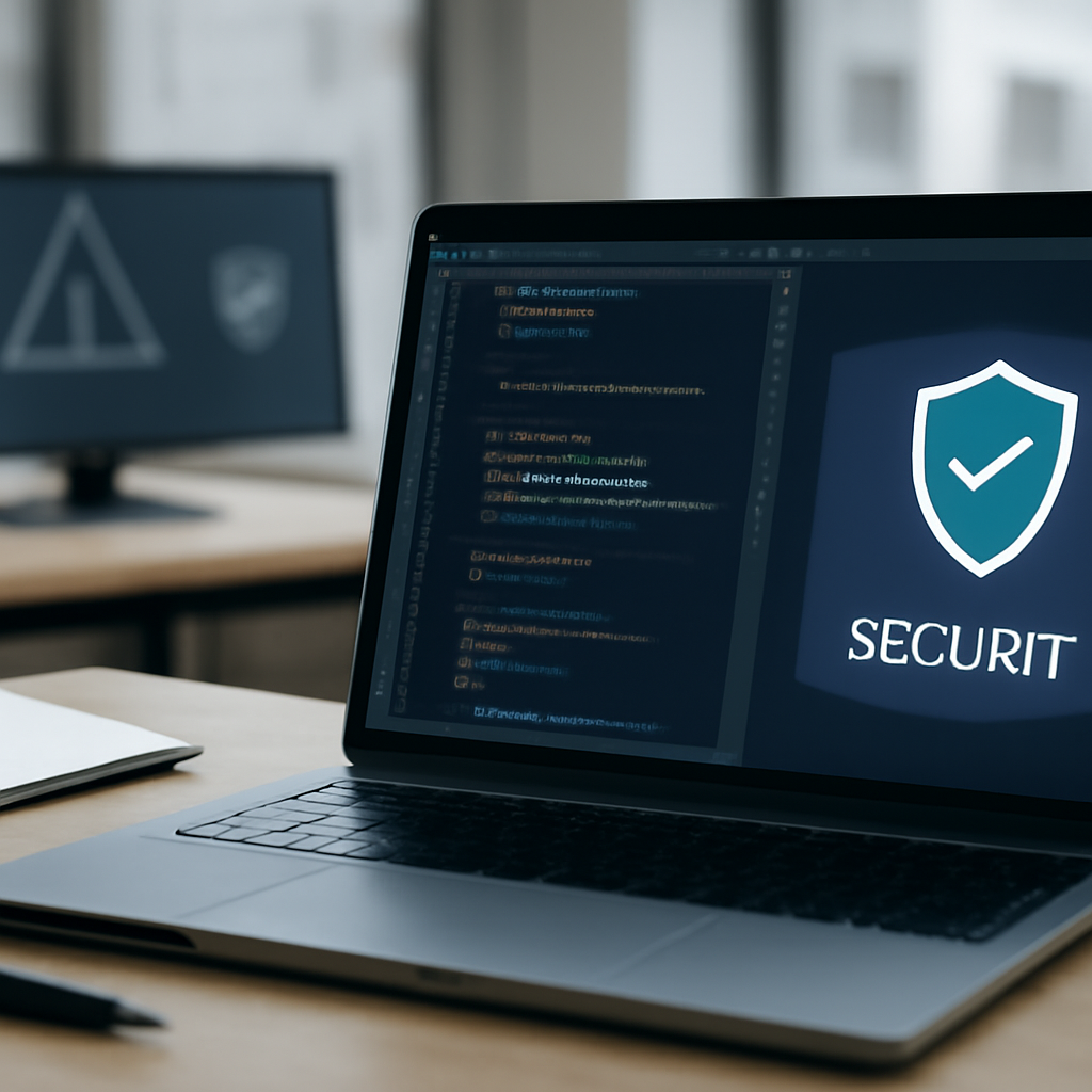 Developer workstation with laptop and coding tools, subtle security presence hinted at with blurred software interface and…