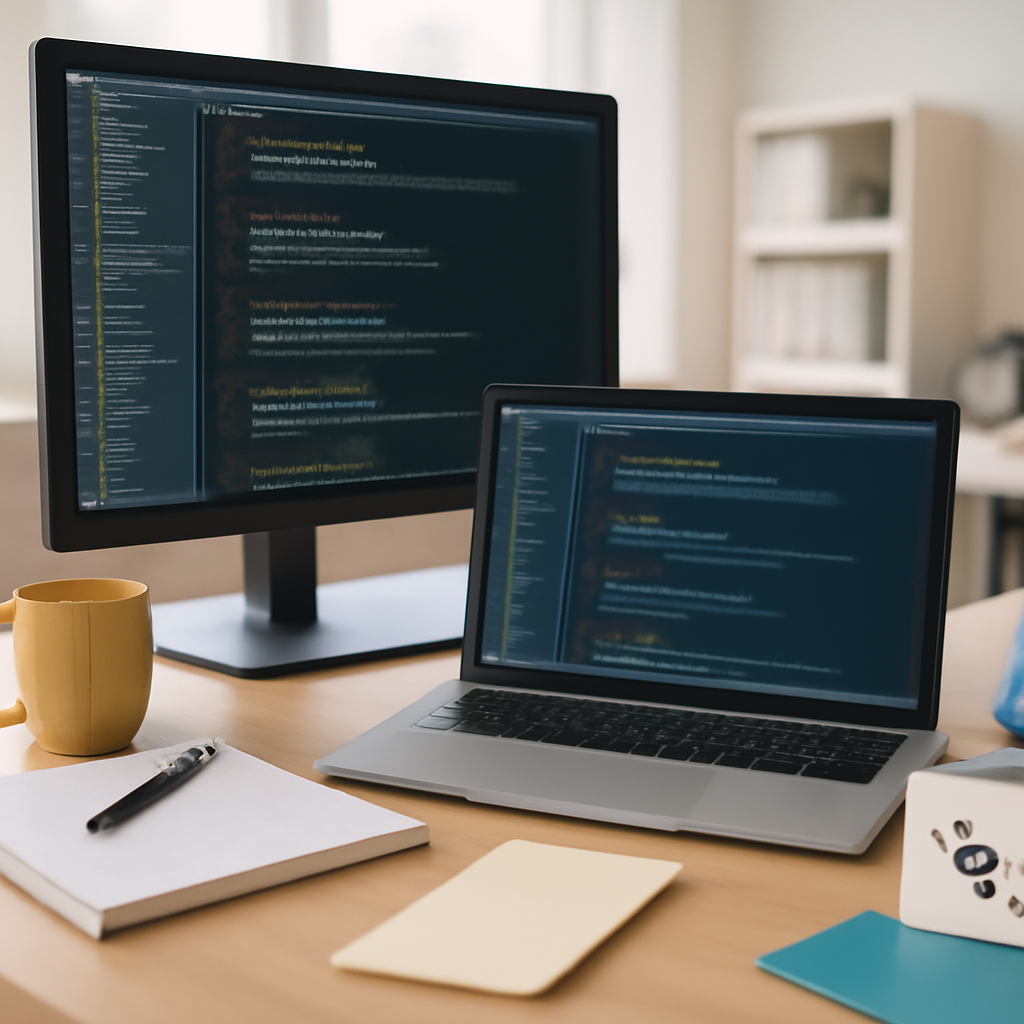 Developer workstation with laptop, monitor, and coding environment on a cluttered office desk.