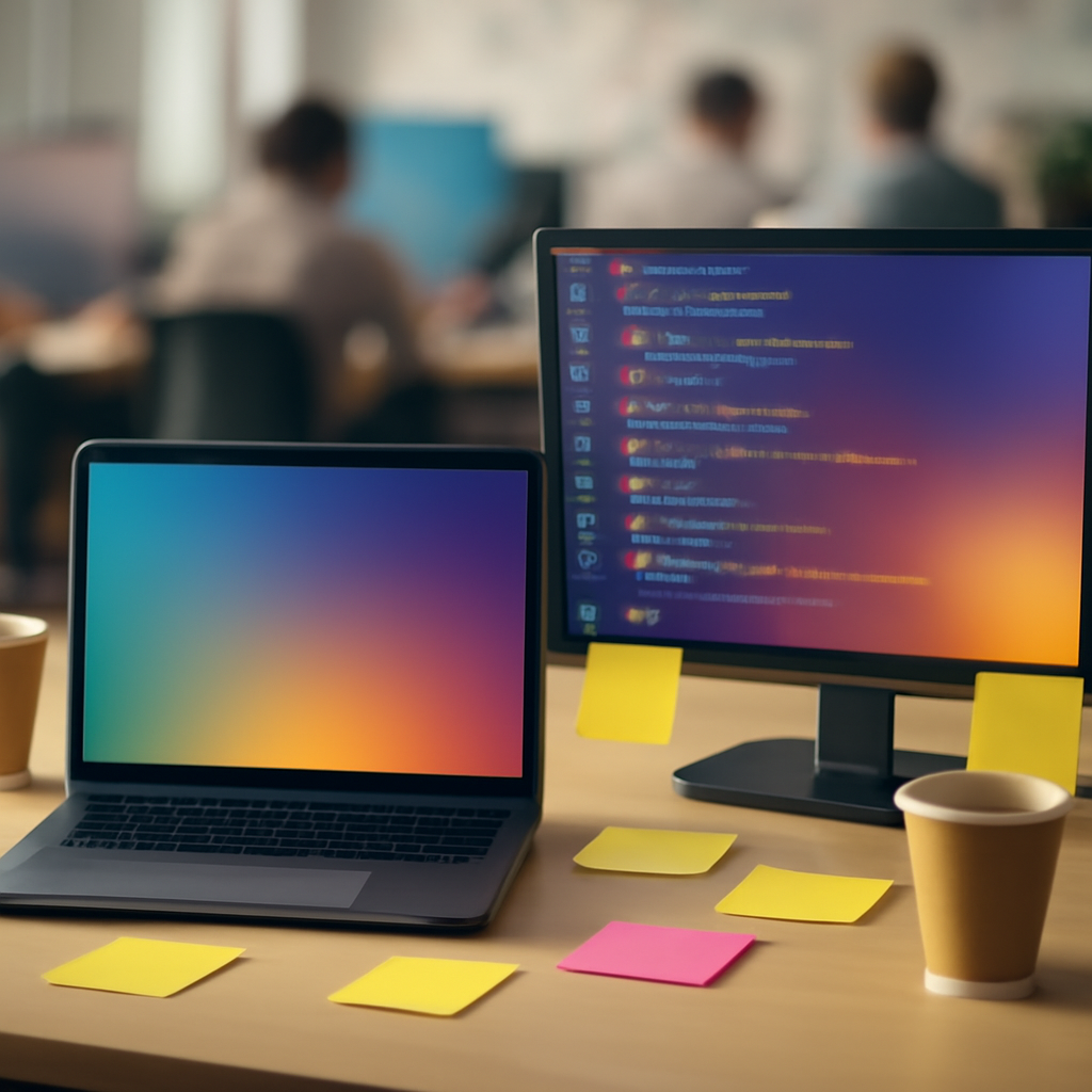 Developer workstation with code on terminal screen, notes, and coffee cups, surrounded by blurred software team workspace.