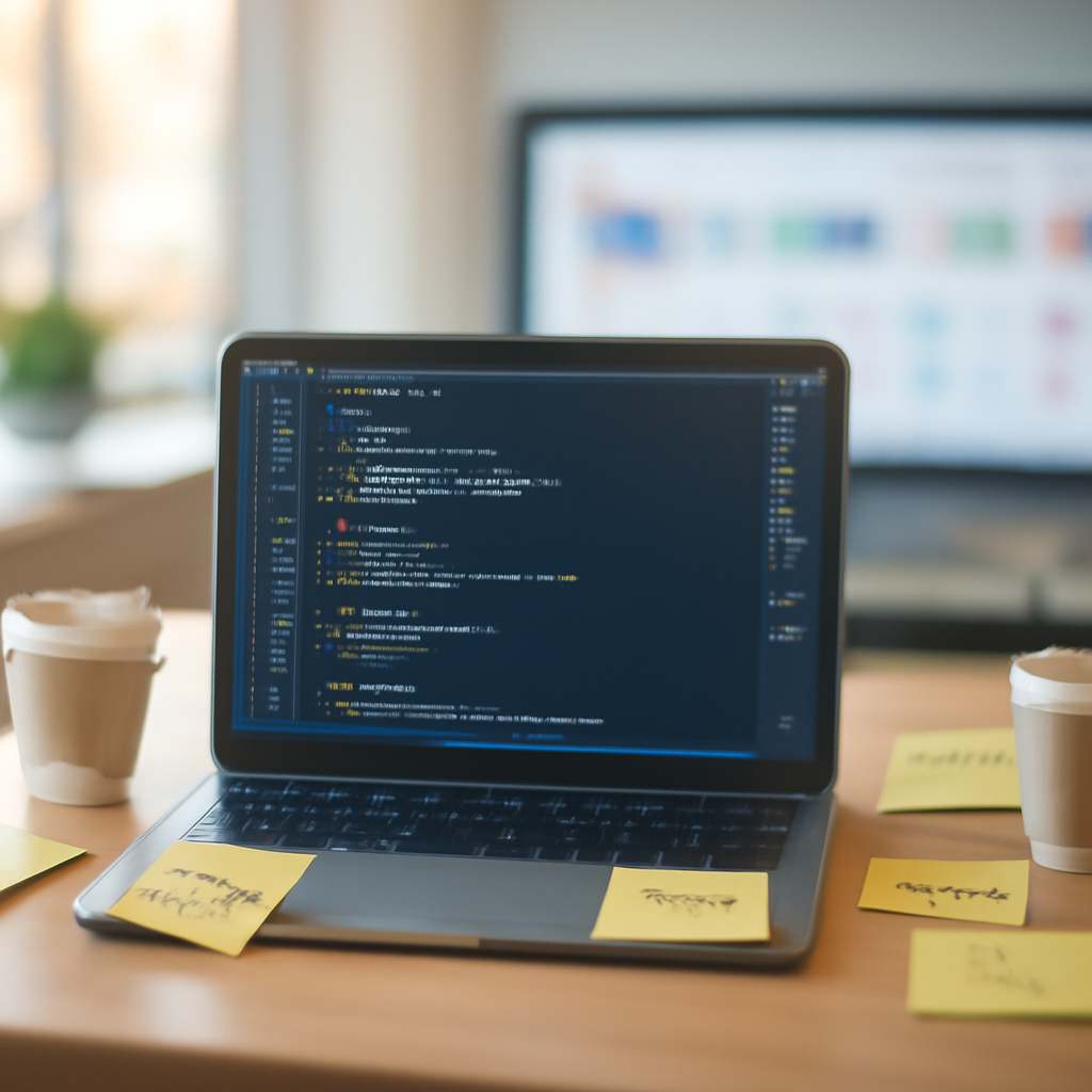 Developer workstation with coding interface on laptop amidst office surroundings.