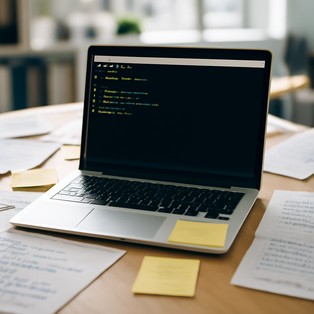 Developer workstation with laptop, terminal, and papers, in a research area with a blurred background.