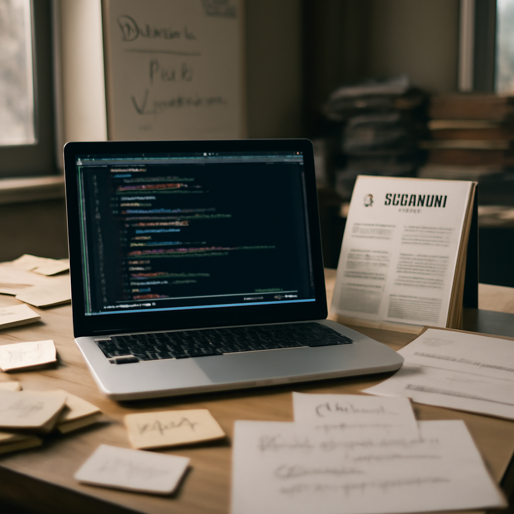 Cluttered developer workstation with code on laptop, notes, and documentation in a naturally lit office setting.