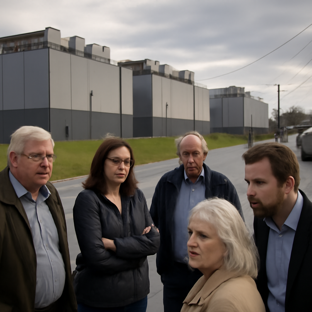 Rural residents and officials stand near proposed data center facility.