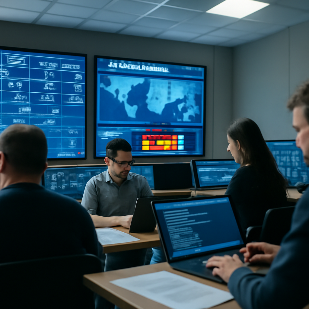 Security analysts work at laptop stations in a brightly-lit operations center surrounded by large screens displaying…