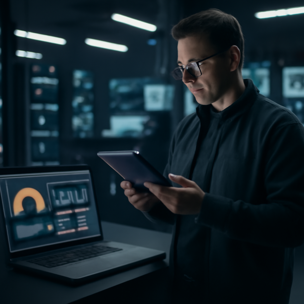 Security architect analyzes network data on tablet and laptop in network operations center.