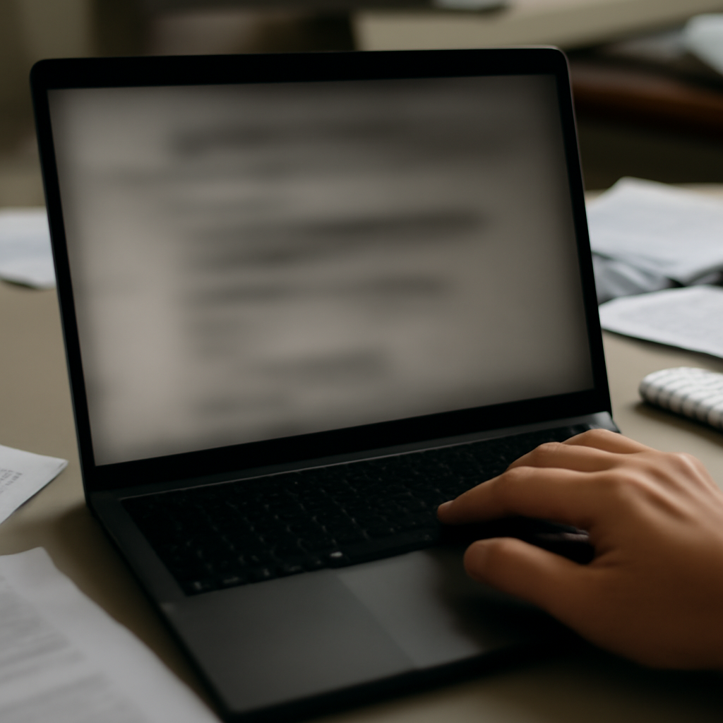 Blurred laptop screen on cluttered office desk with hand hovering over keyboard.