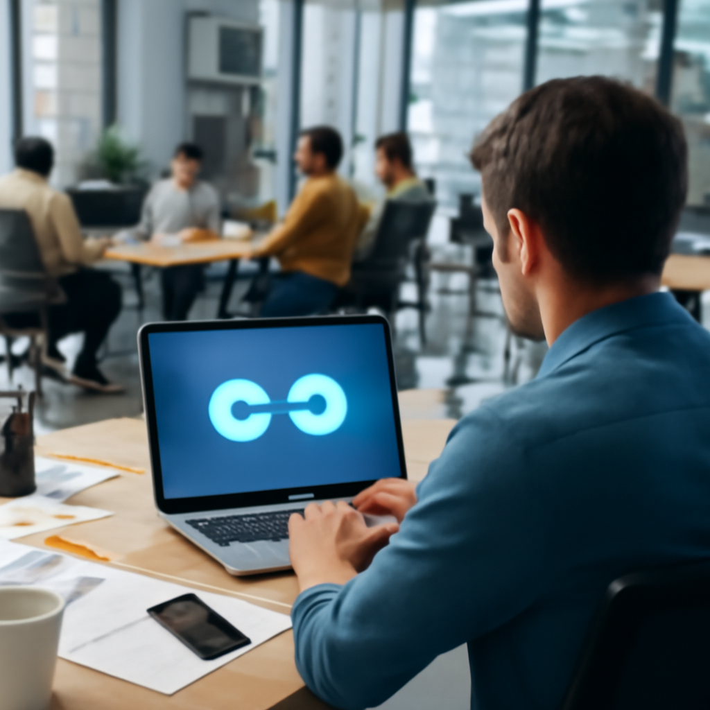 Employees work in an office with one focused on a laptop and smartphone, surrounded by a blurred digital connector interface.