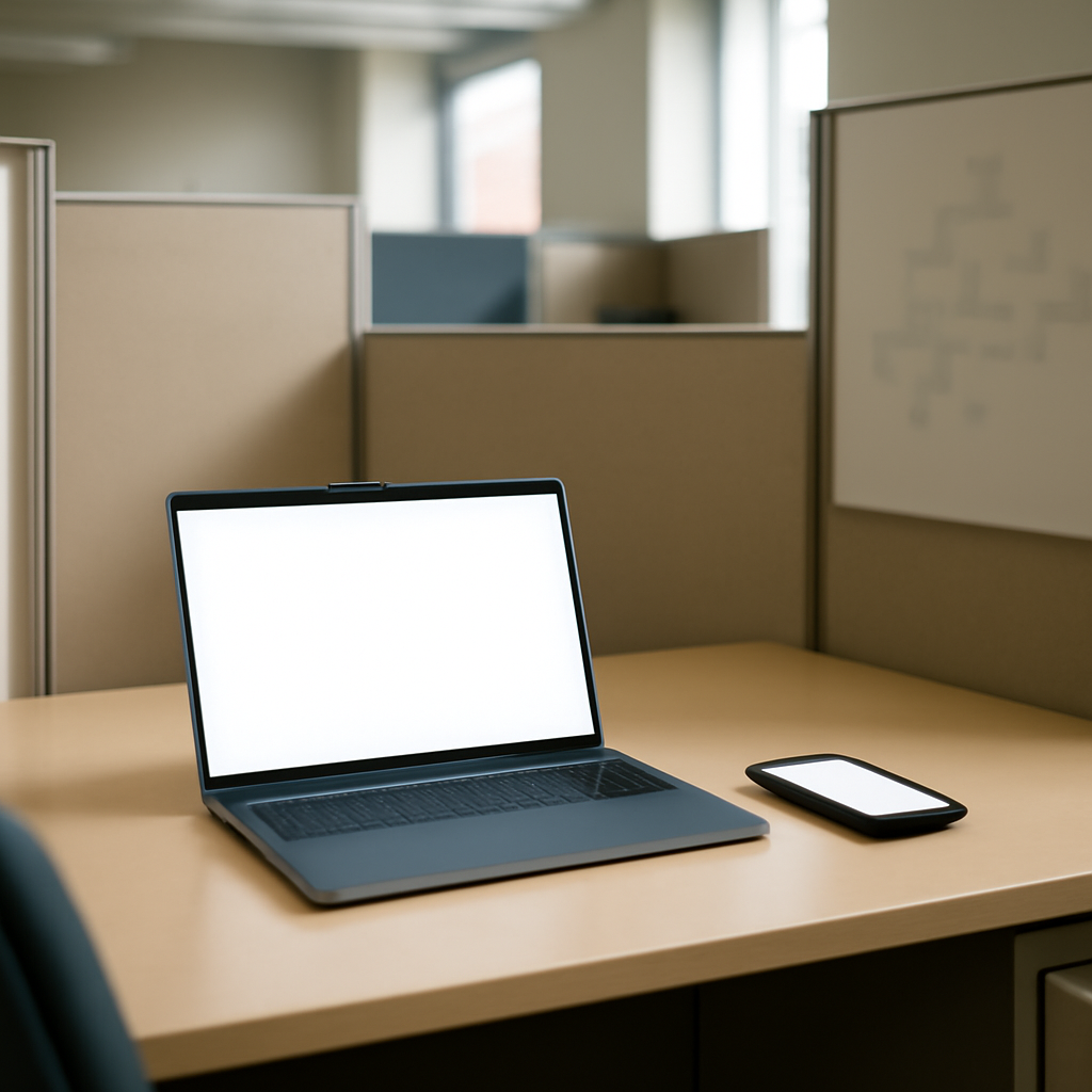 Empty office cubicle with laptop and smartphone on a desk, surrounded by corporate furniture and blurred background of…