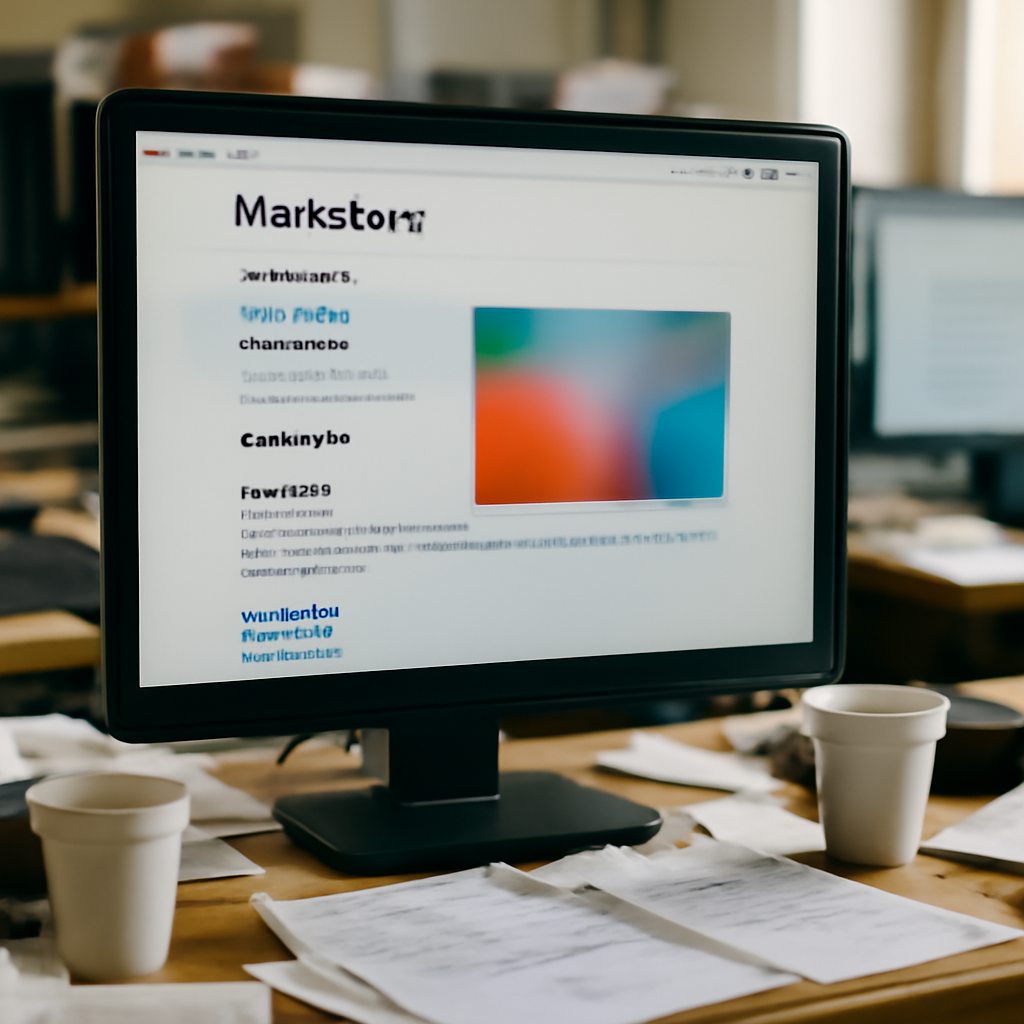 Cluttered developer's workspace with computer screen showing webpage and blurred ad section.