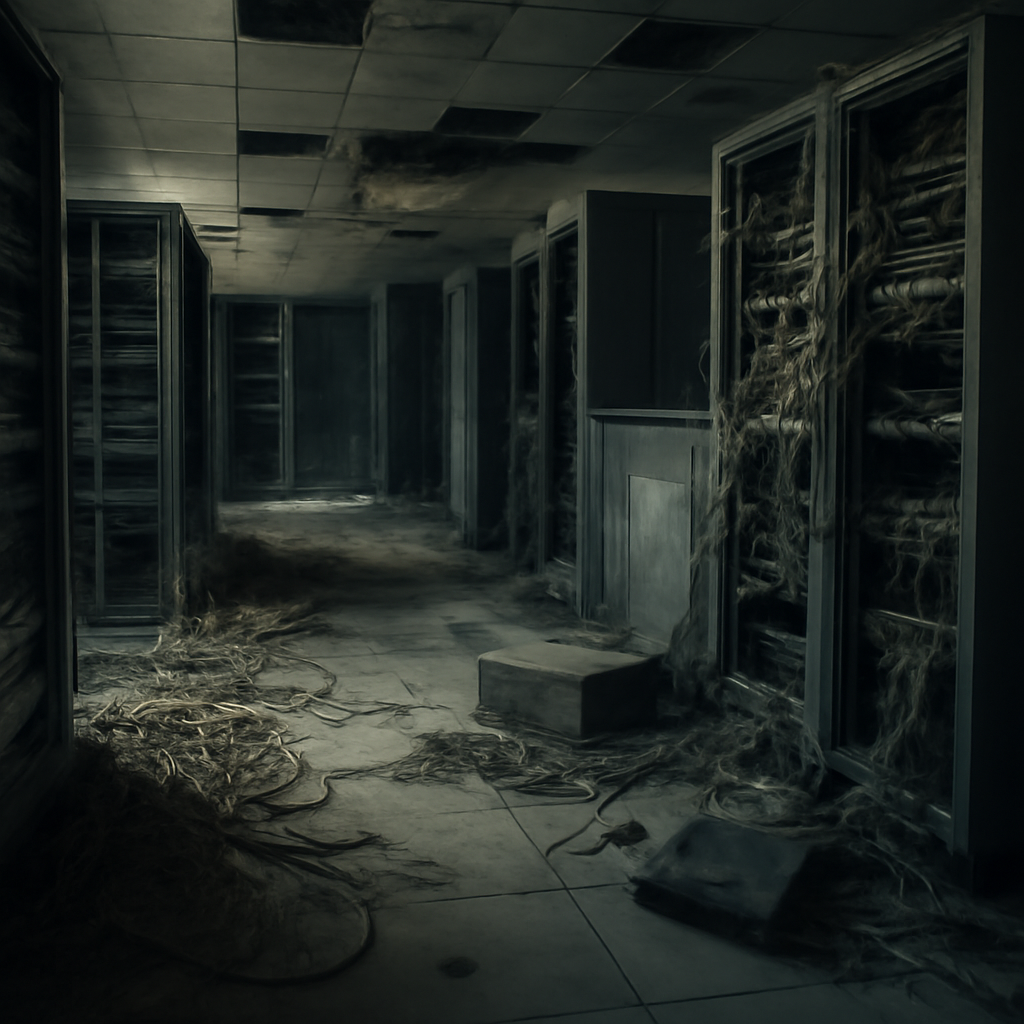 Damaged server racks and equipment in a dimly lit data center with scattered cables and destroyed infrastructure.