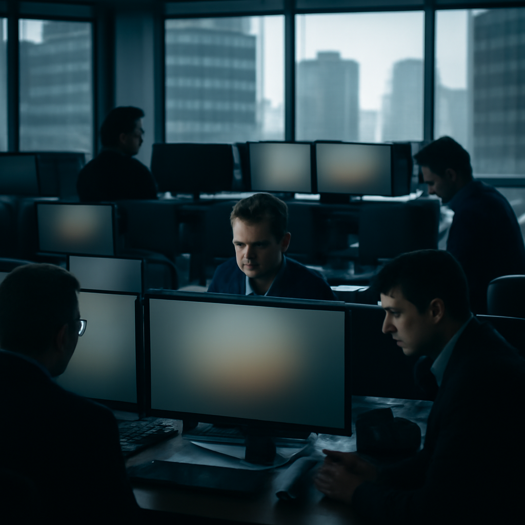 Traders work around a central console on a dimly lit trading floor with cityscape view.