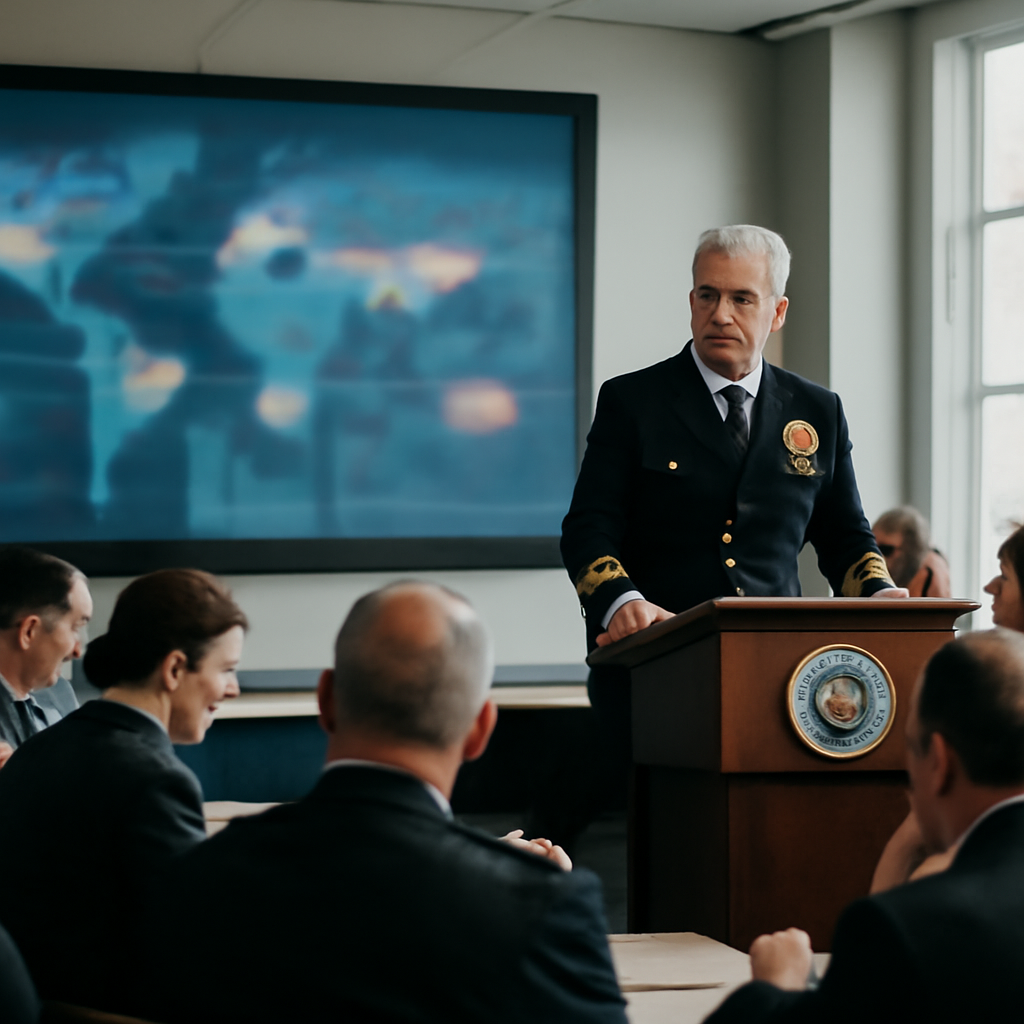 Senior officer addresses audience in military briefing room with data display.
