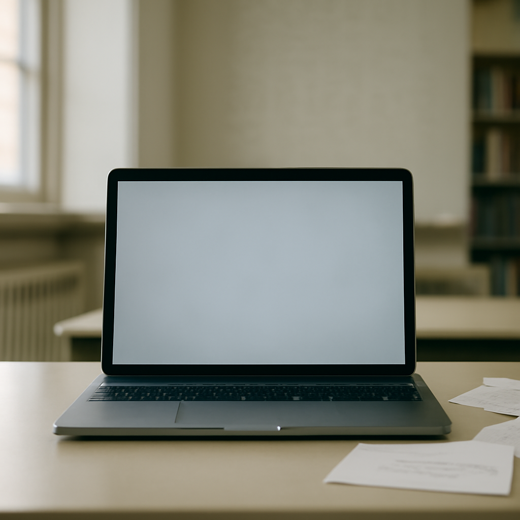 Laptop on a desk in a quiet room with scattered papers and a blank screen.