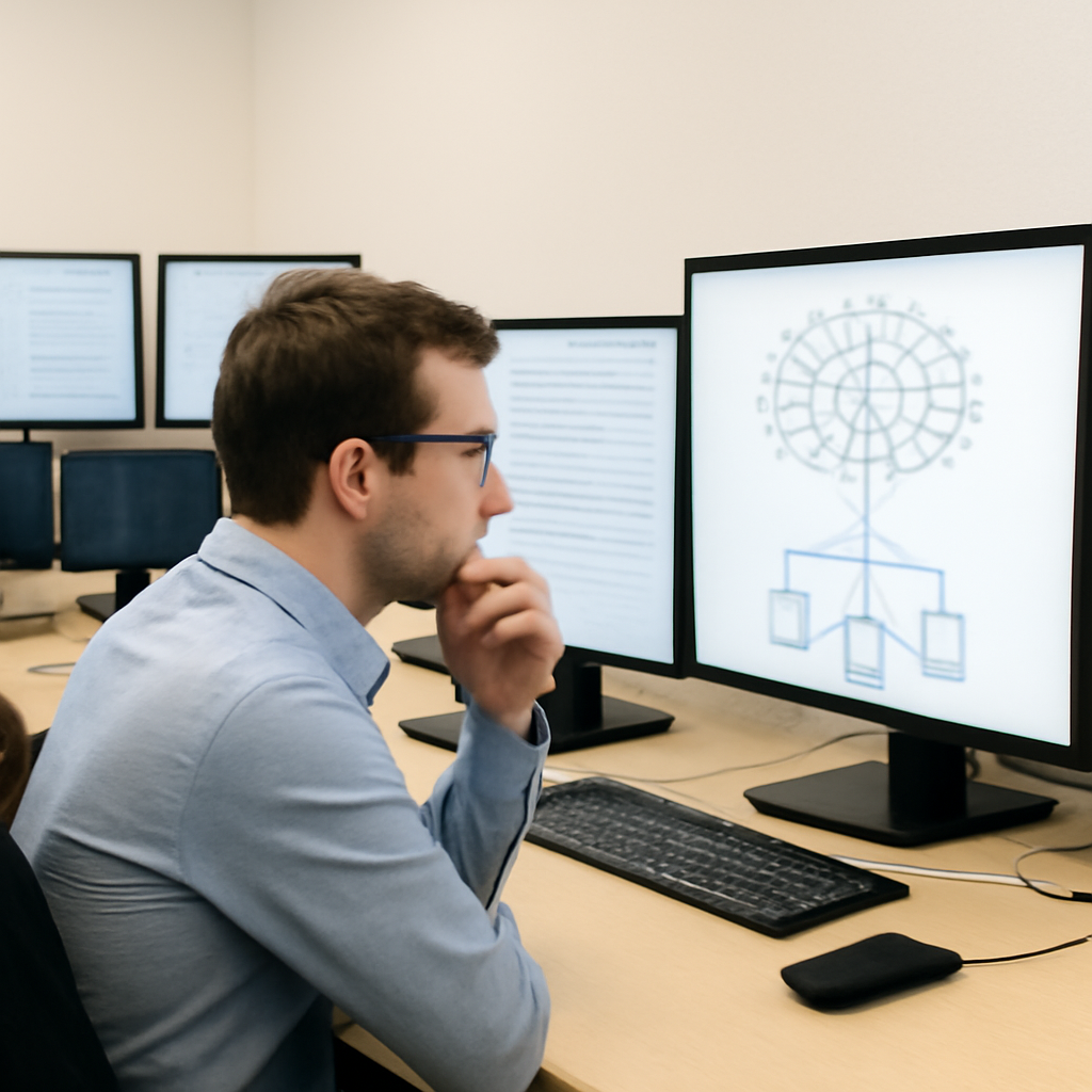 Security analyst reviews AI-powered alert triage on computer screen in operations center.