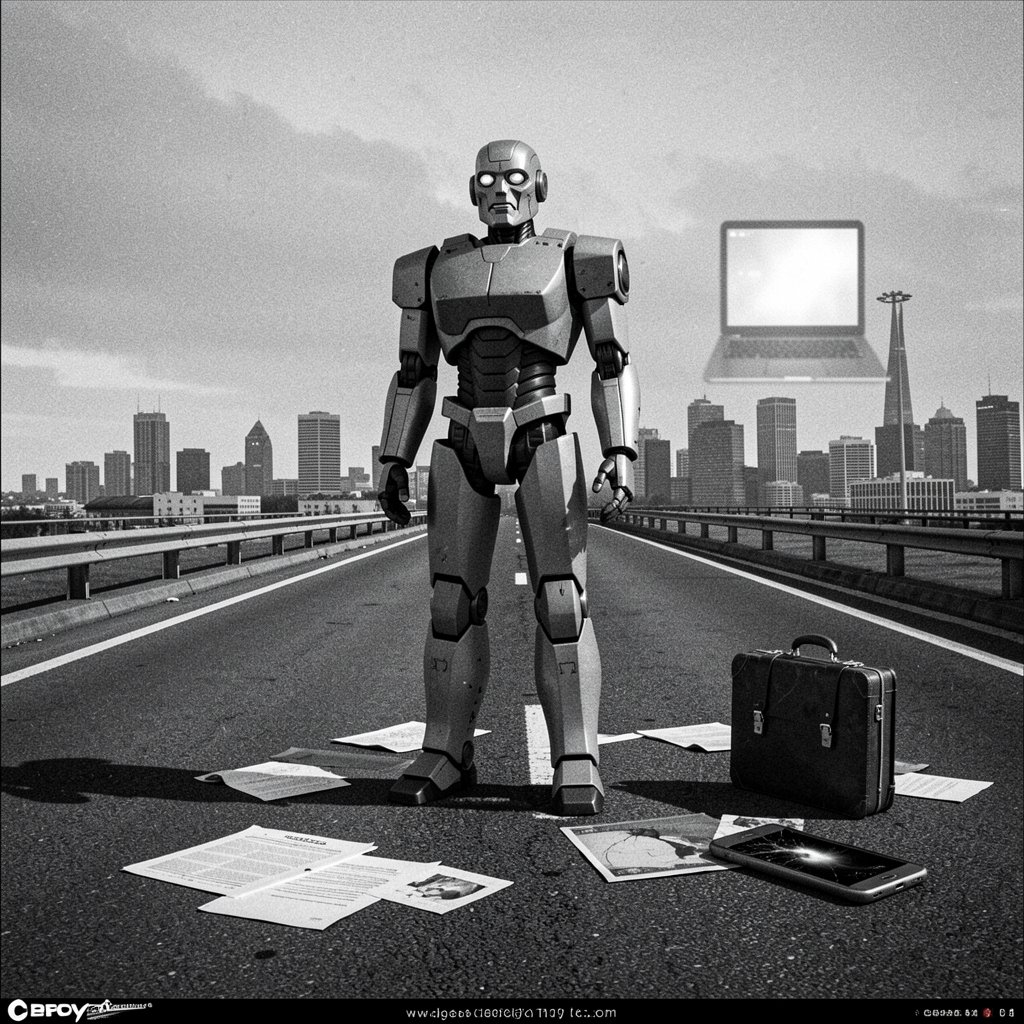 Lone robot stands still on deserted highway with cityscape, briefcase, and scattered papers nearby.