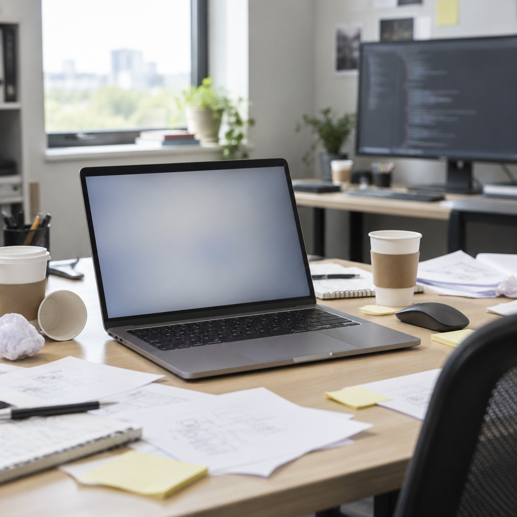 Cluttered developer workstation with laptop and monitor, papers and coffee cups scattered around.