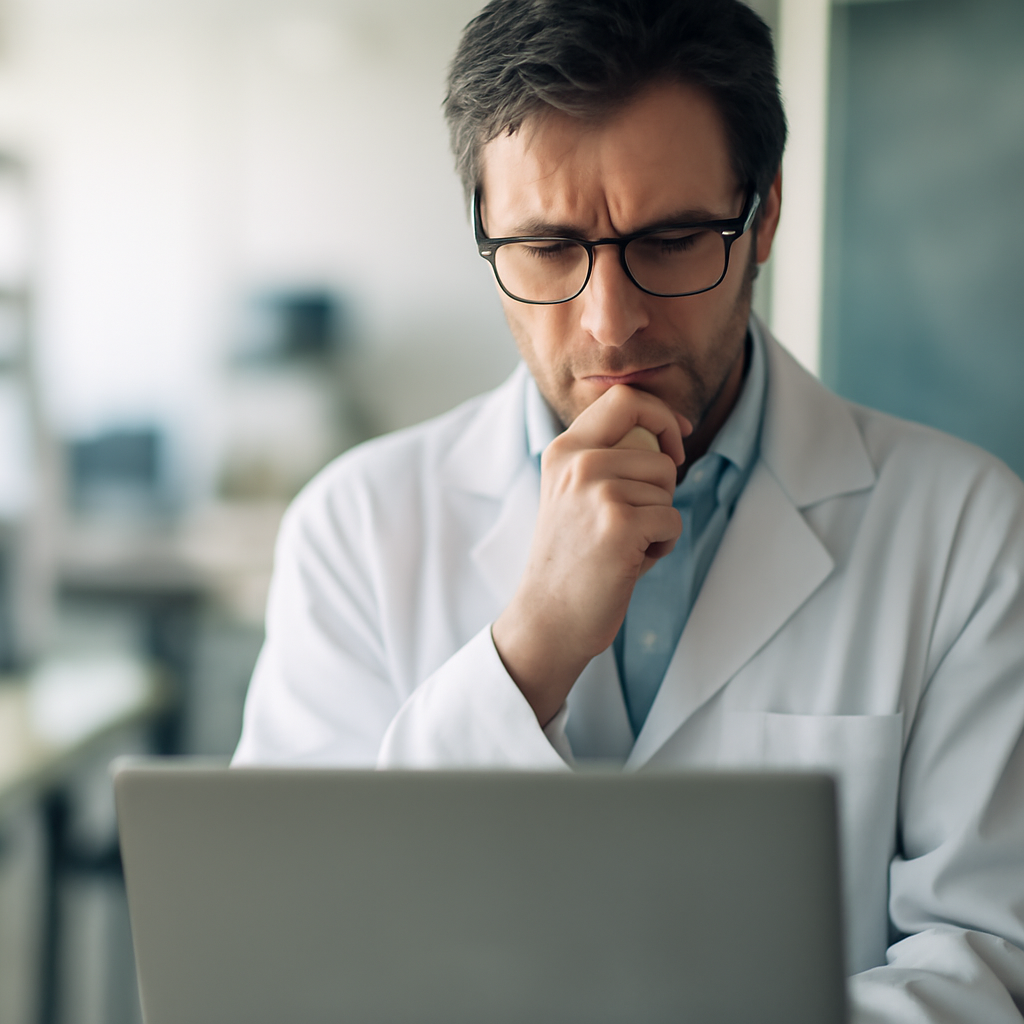 Scientist stands thoughtfully in lab, surrounded by equipment, staring at blank laptop screen.