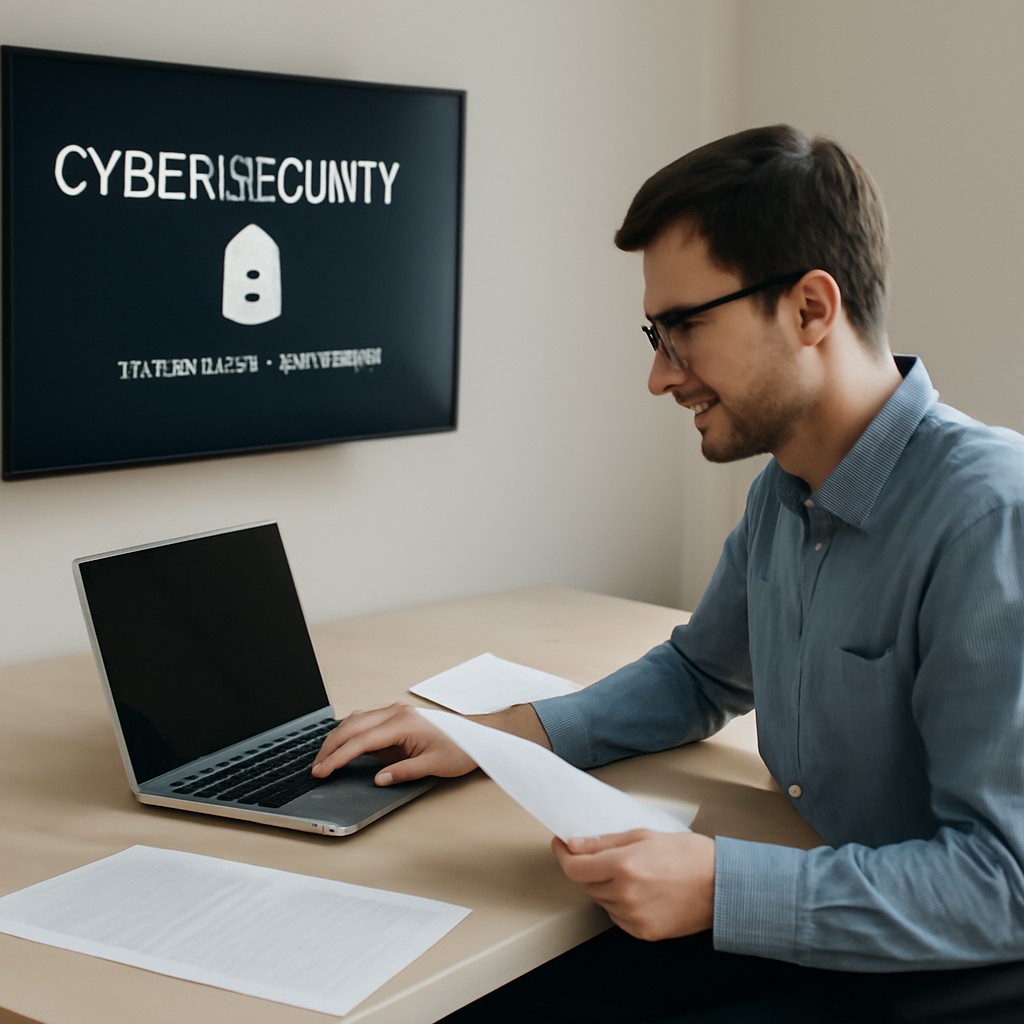 Cybersecurity researcher working at a desk with laptop and papers.