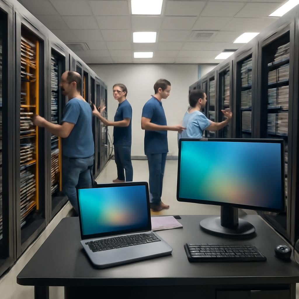 Technicians inspect rows of equipment racks and servers in a brightly-lit server room.