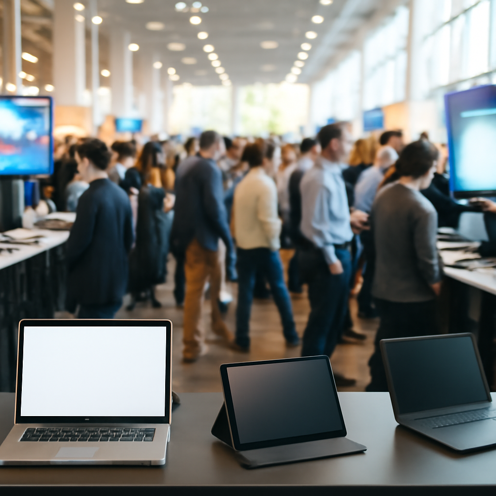 Crowded conference hall with attendees, vendor booths, and display screens.