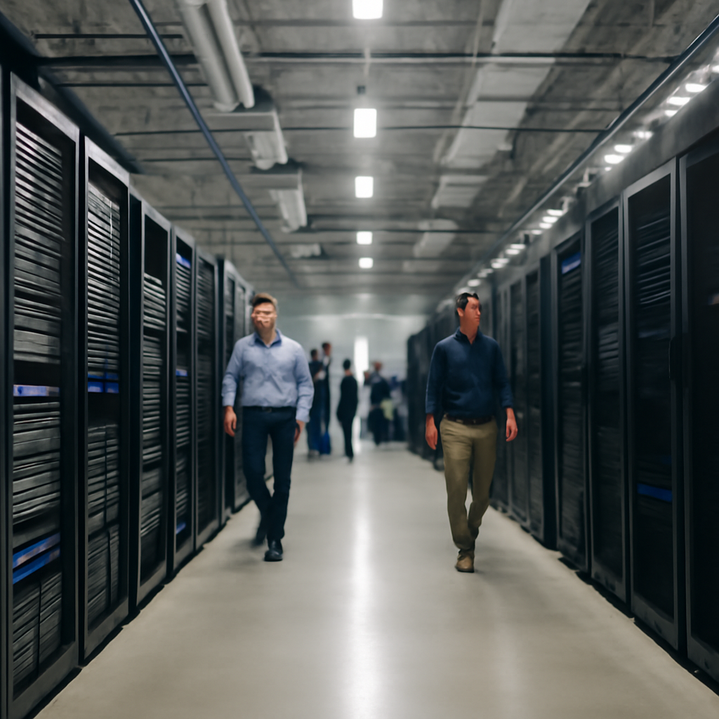 Rows of servers and network equipment in a data center appear vulnerable with some areas blurred or out of focus.