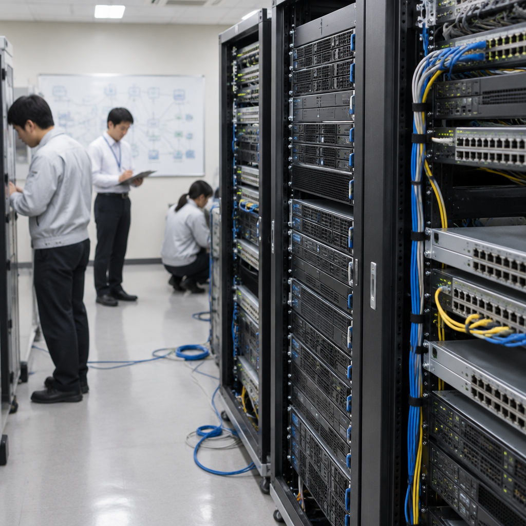 Rows of computer servers and networking equipment in a brightly-lit Japanese office server room.