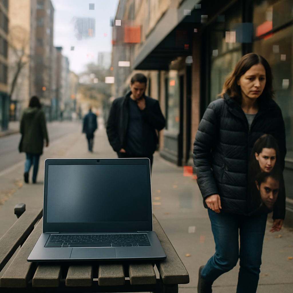 City street scene with modern and worn infrastructure, laptop on outdoor table or bench, hint of unease.