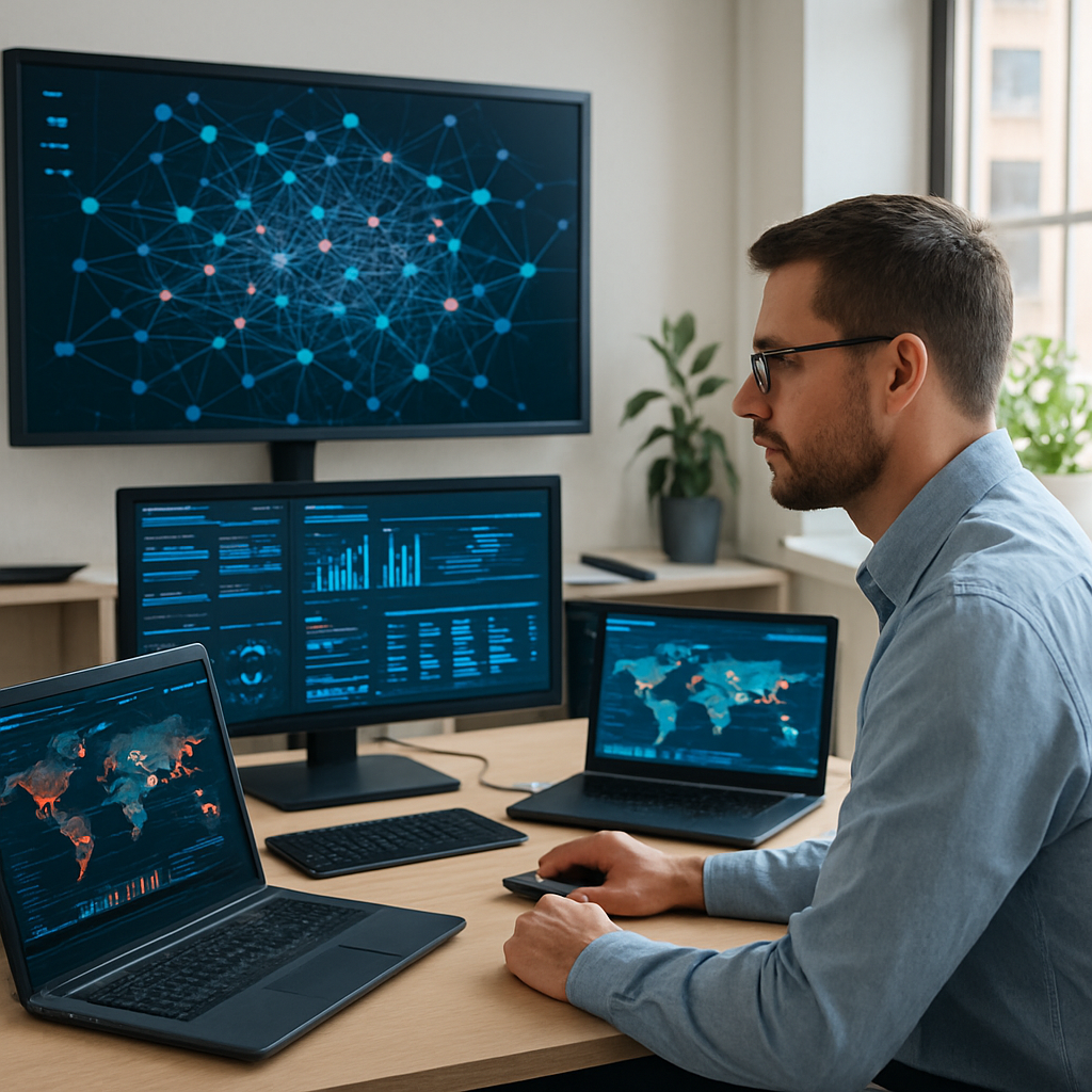 Threat intelligence analyst's workstation with multiple screens displaying data visualizations and system monitoring tools.