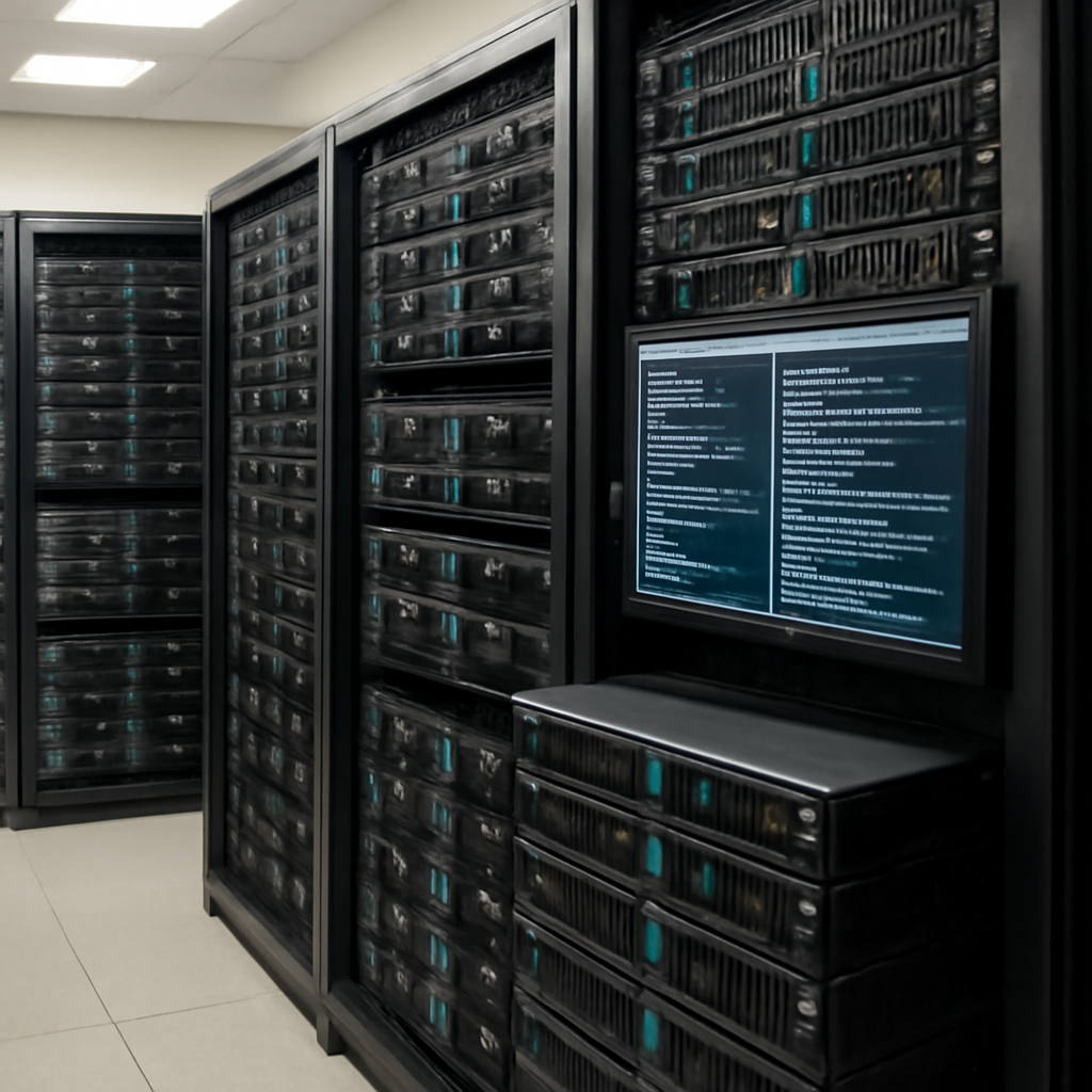 Rows of humming Linux servers and equipment with softly blurred screens displaying code, conveying vulnerability.