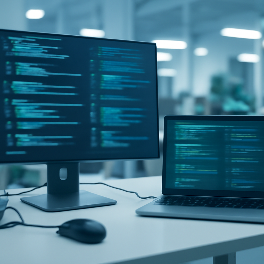 Modern computer workstation with laptop and monitor displaying code, in a clean and bright office setting.