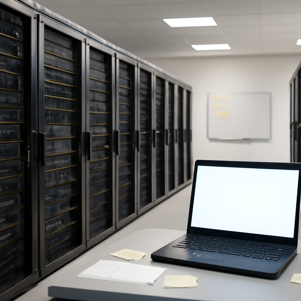 Modern server room with rows of computer servers and a softly glowing laptop screen on a technician's workstation.