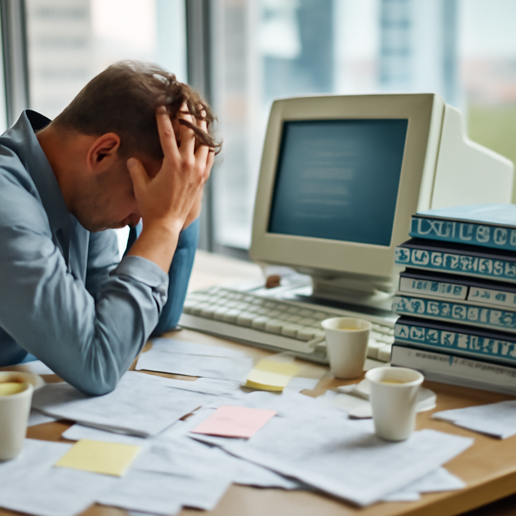 Security analyst sits amidst stacks of paperwork, surrounded by empty coffee cups, conveying a sense of overwhelm and…