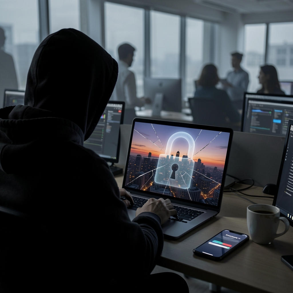 Shadowy figure in a hoodie surrounded by devices in a dimly lit office space with blurred coworkers in the background.