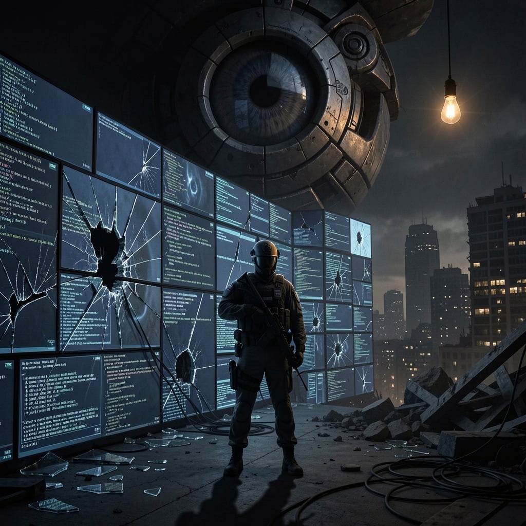 Lone security guard stands before cracked digital wall with cityscape in ruins behind.