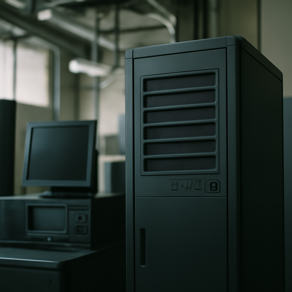 Server equipment in a neutral setting with ambient daylight and empty screens.