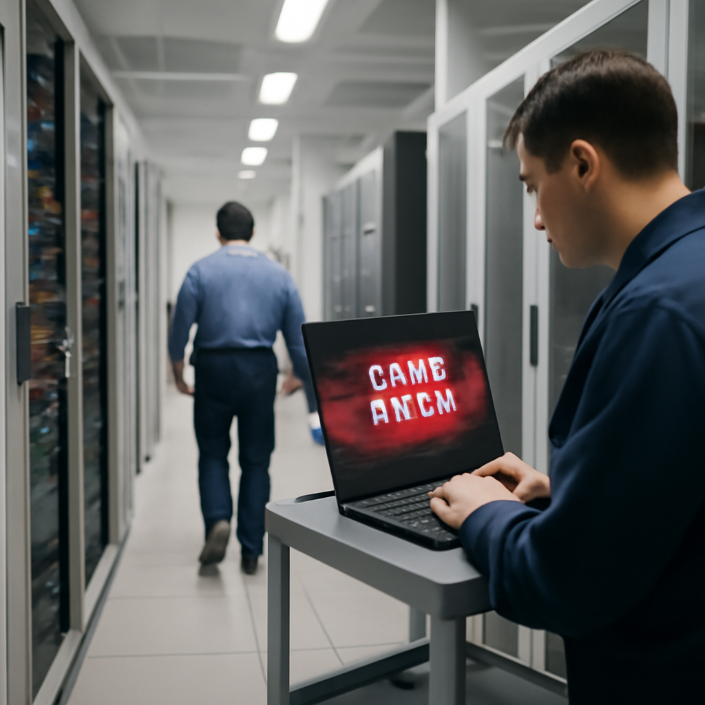 Rows of computer equipment in a dimly lit server room lie in disarray, cables scattered and screens flickering with error…