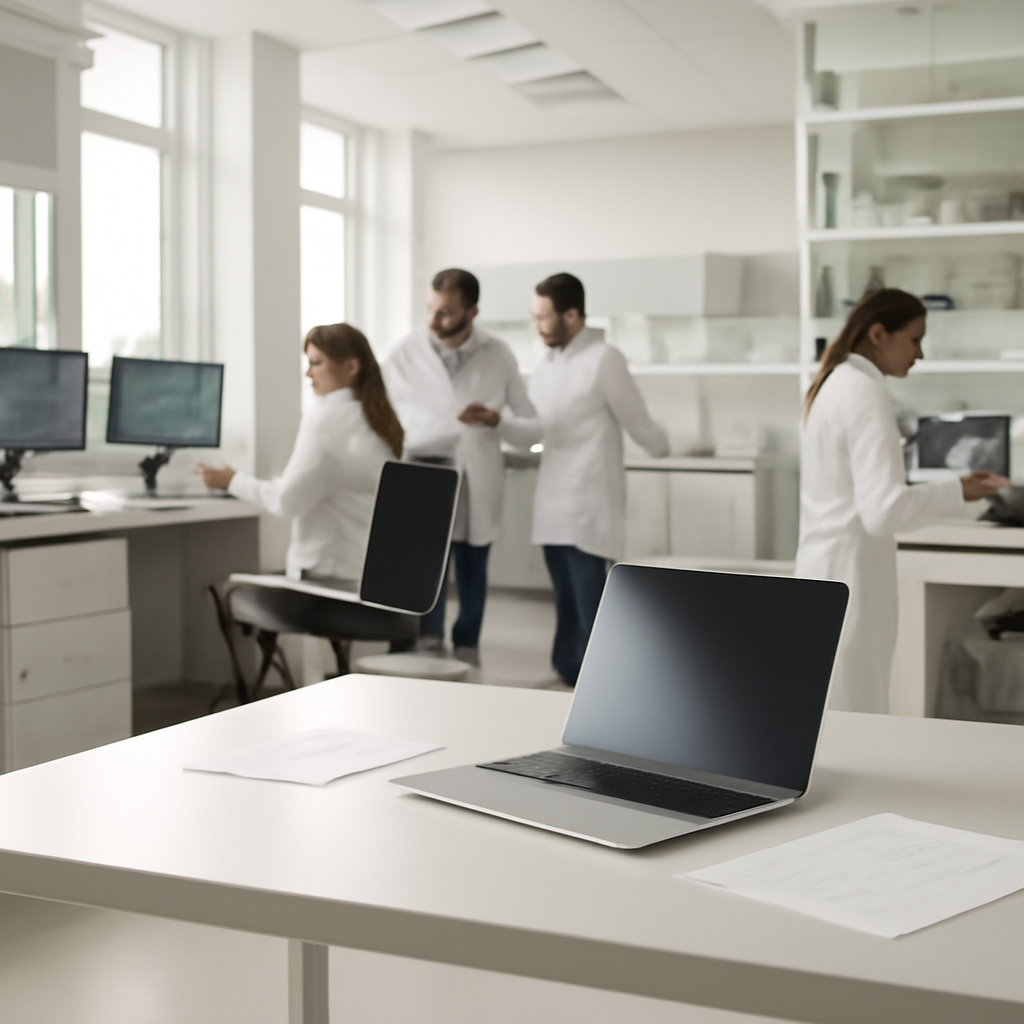 Modern tech lab with people working, sleek workstation and laptop in foreground.