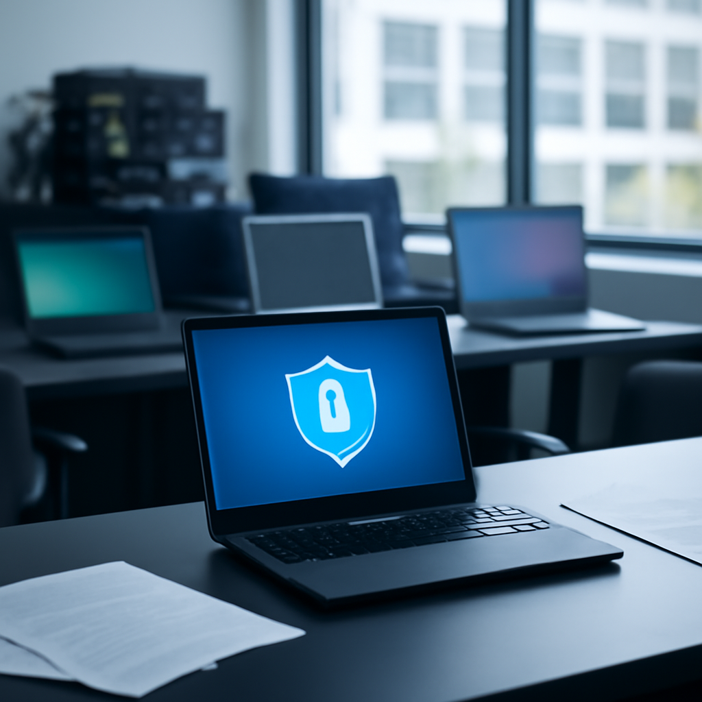 Empty workstation area in a cybersecurity operations center with laptops and network equipment.