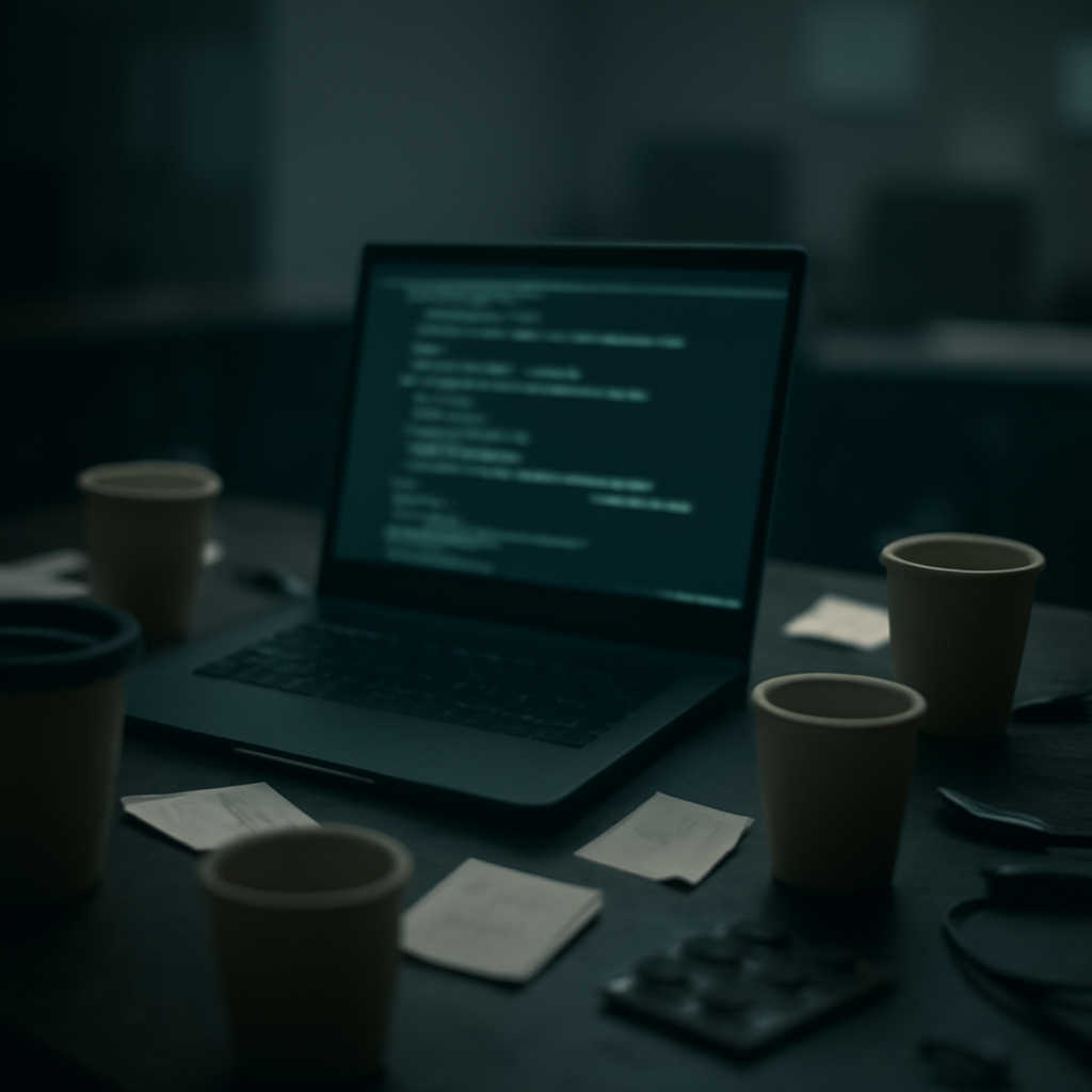 Darkened hacker workstation with laptop, code on screen, and scattered notes and hardware.
