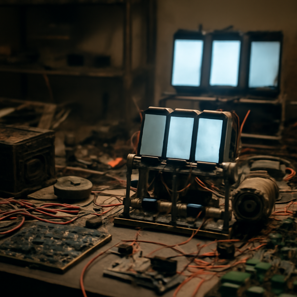 Cluttered electronics workbench with a partially disassembled phone farm device and glowing smartphone screens.