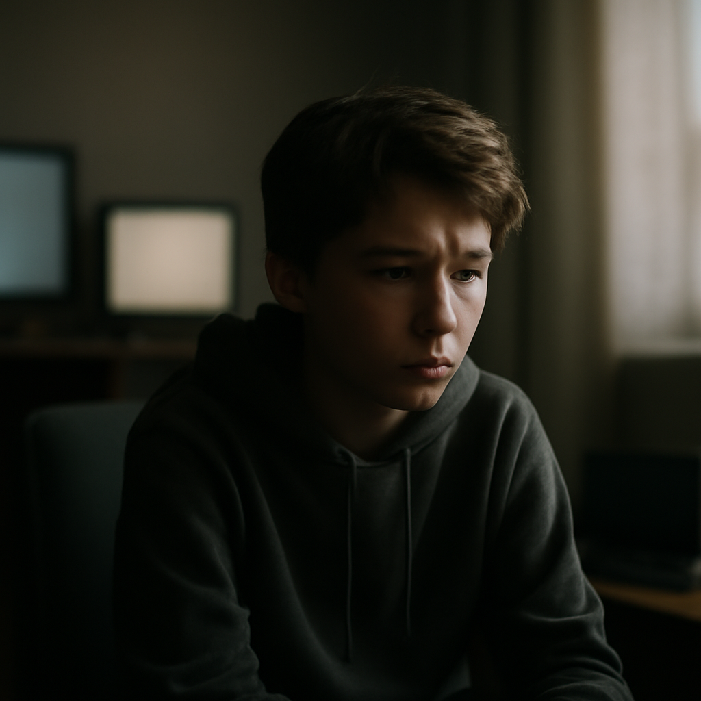 Young person sits in dimly lit room surrounded by softly lit screens and devices, looking concerned.