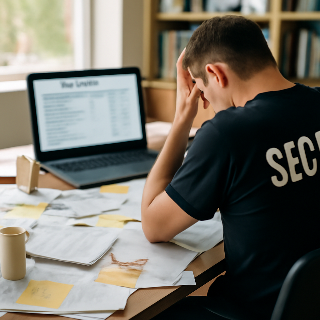 Security team member overwhelmed by paperwork and notes, staring at laptop screen with blurred vulnerability list.