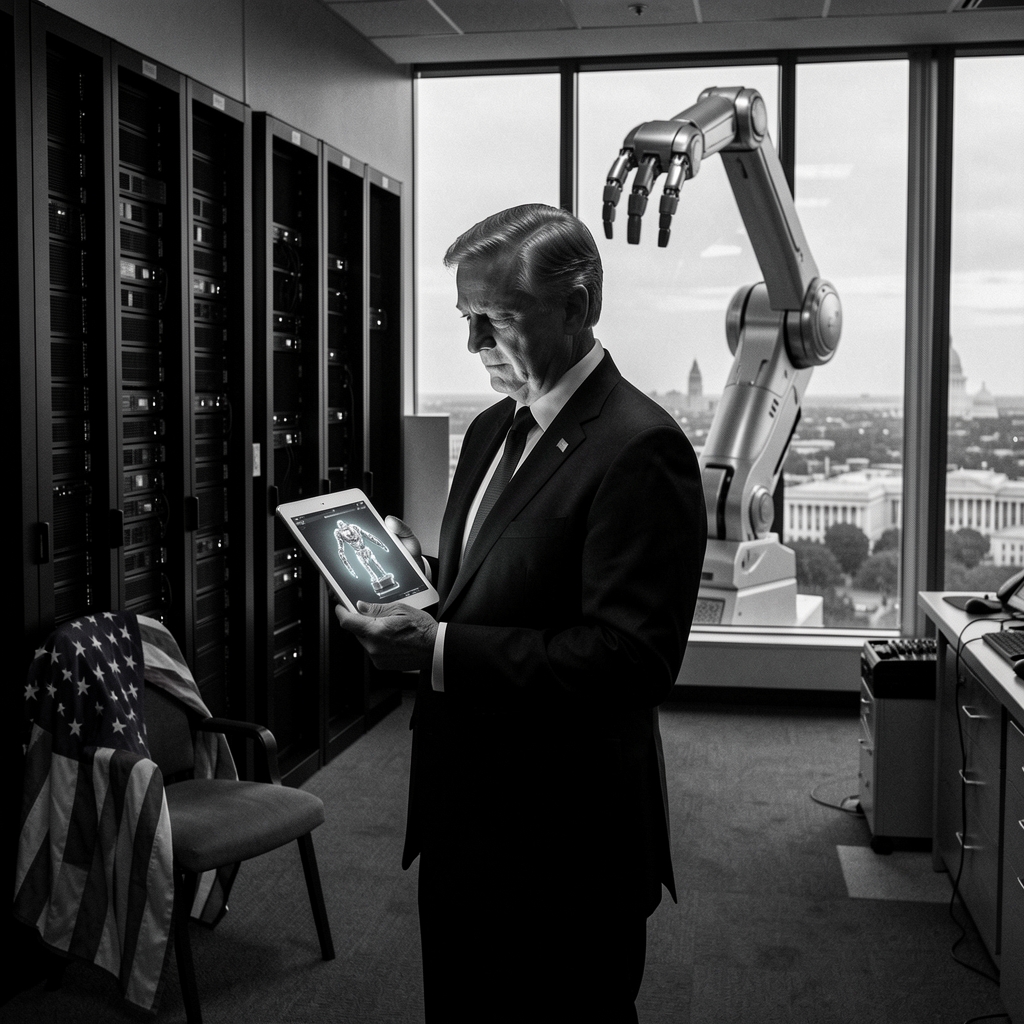 Suited government official holds tablet in front of dimly lit server room with subtle American flag.