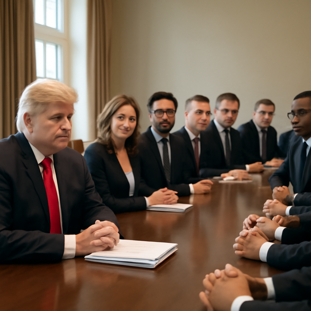 Formal meeting with President Donald Trump and other executives seated around a table with documents.