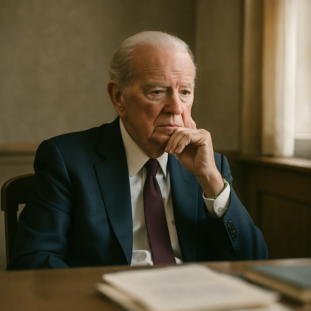 James Baker sits thoughtfully in a formal, softly lit room, conveying a sense of urgency and concern.