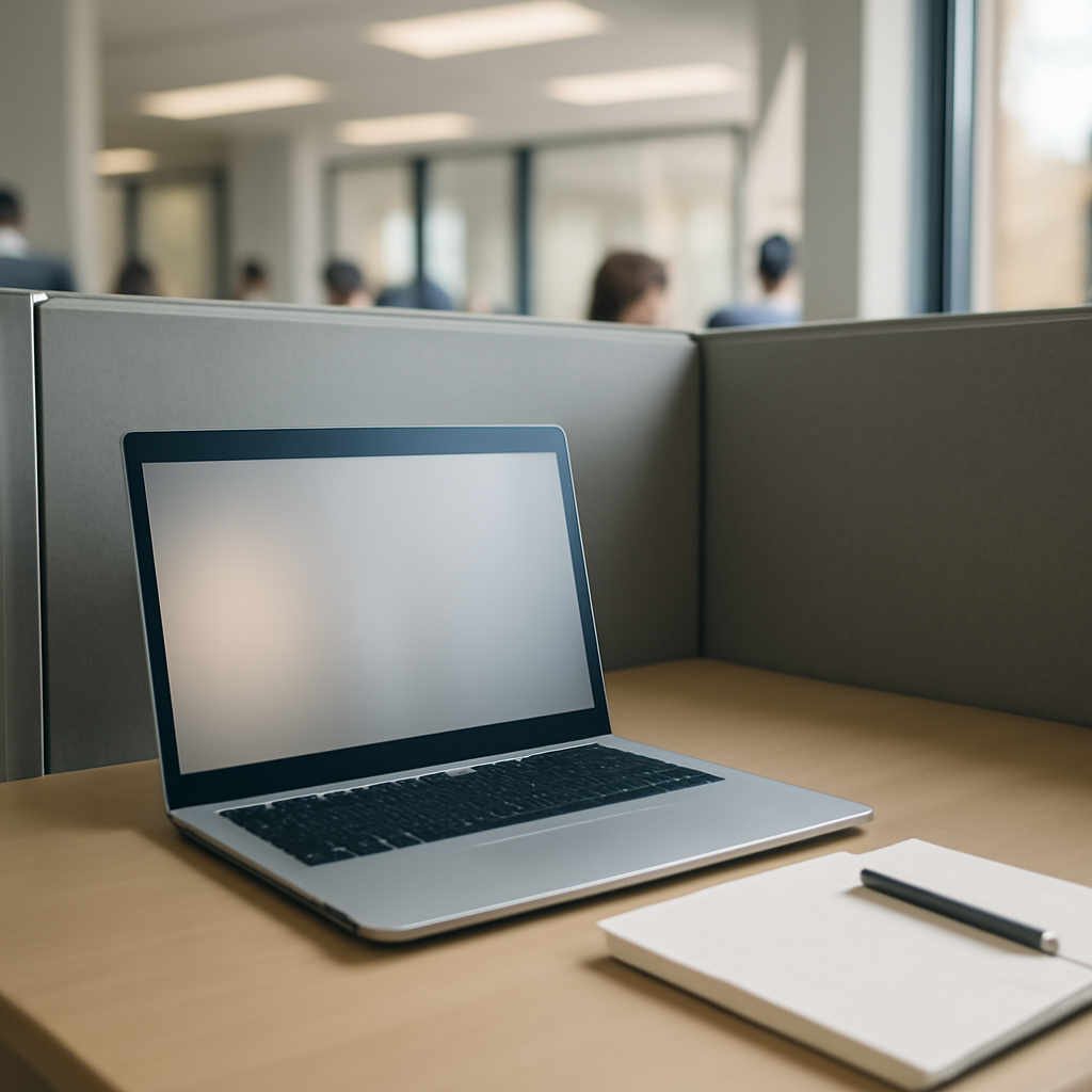Modern office cubicle with laptop, notepad, and pen, under soft daylight with blurred office background.