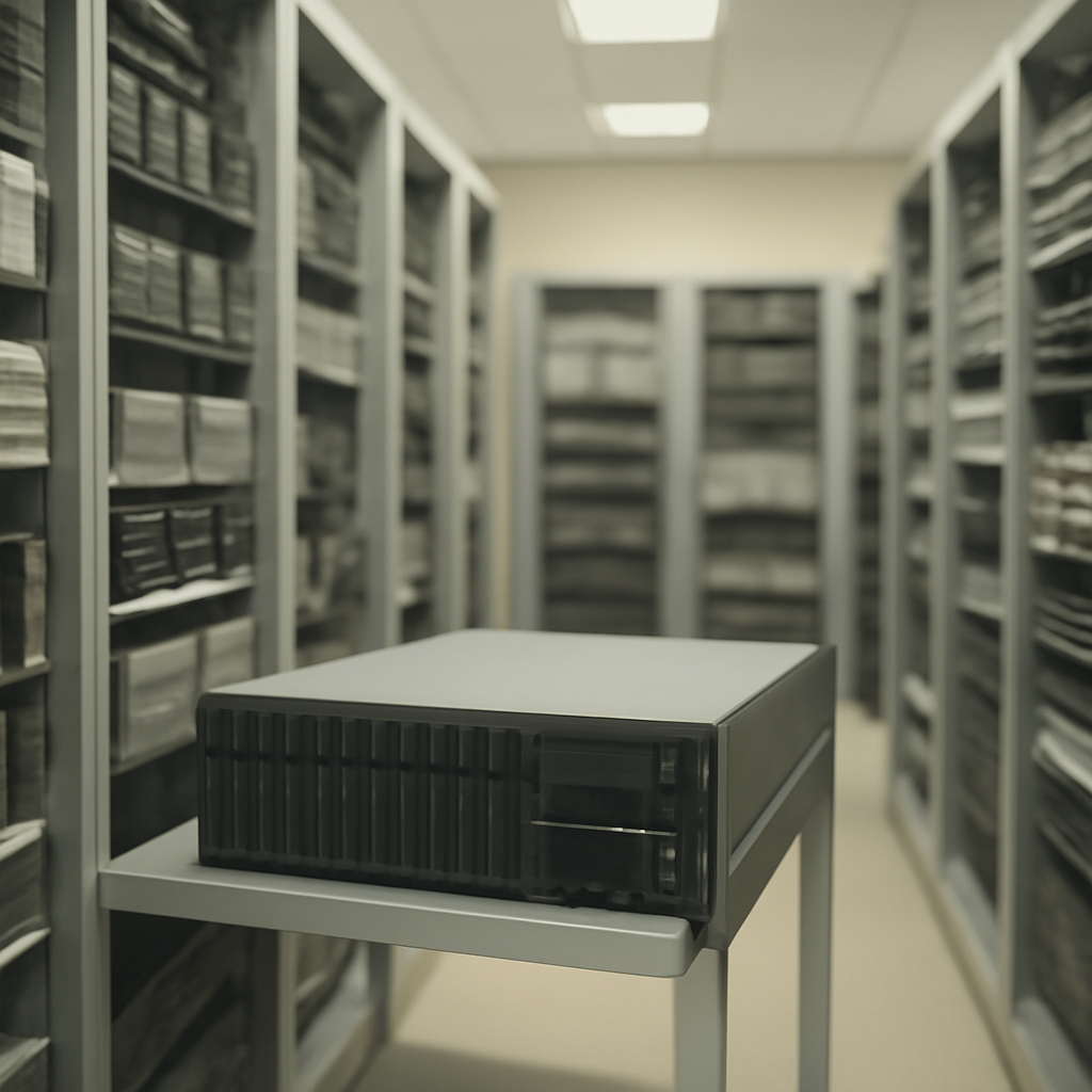 Rows of computer equipment and storage devices in a server room, with one device prominently highlighted.