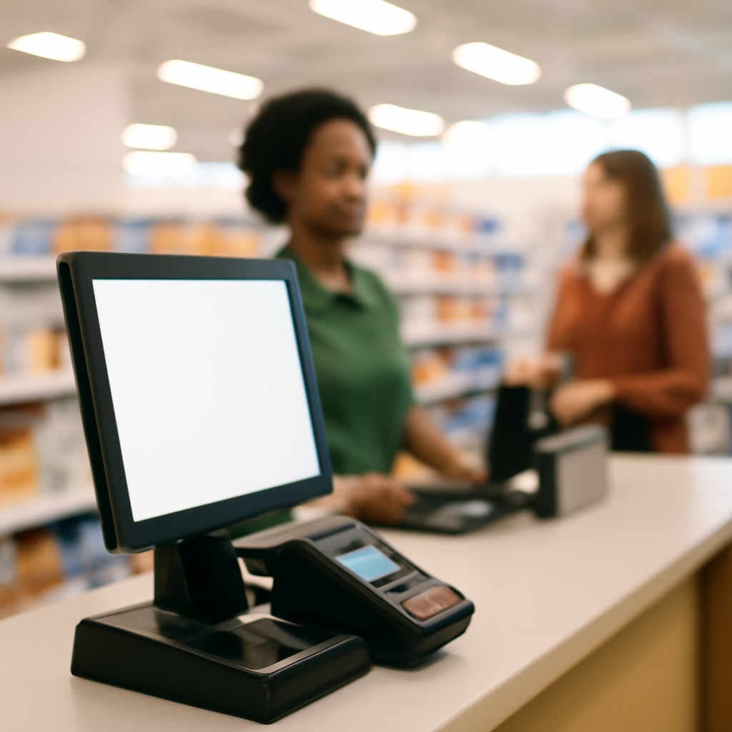 Checkout terminal screen in focus with cashier and blurred customer in background.