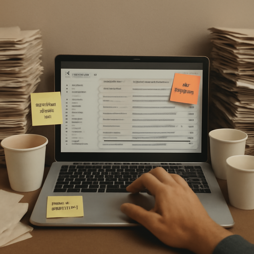 Cluttered laptop inbox with papers, coffee cups, and sticky notes, with a hand poised over the keyboard.