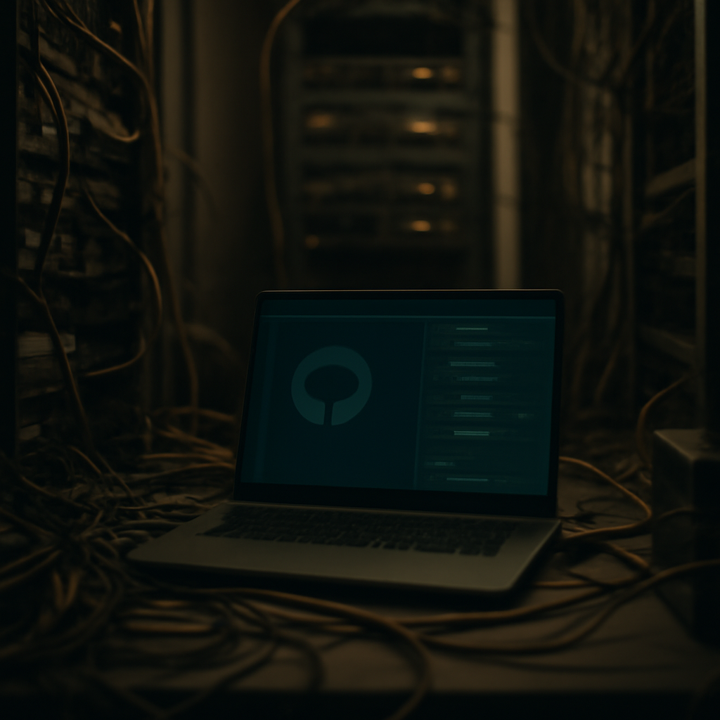 Cluttered computer terminal room with cables and equipment, laptop in center, faint GitHub logo on blurred screen.